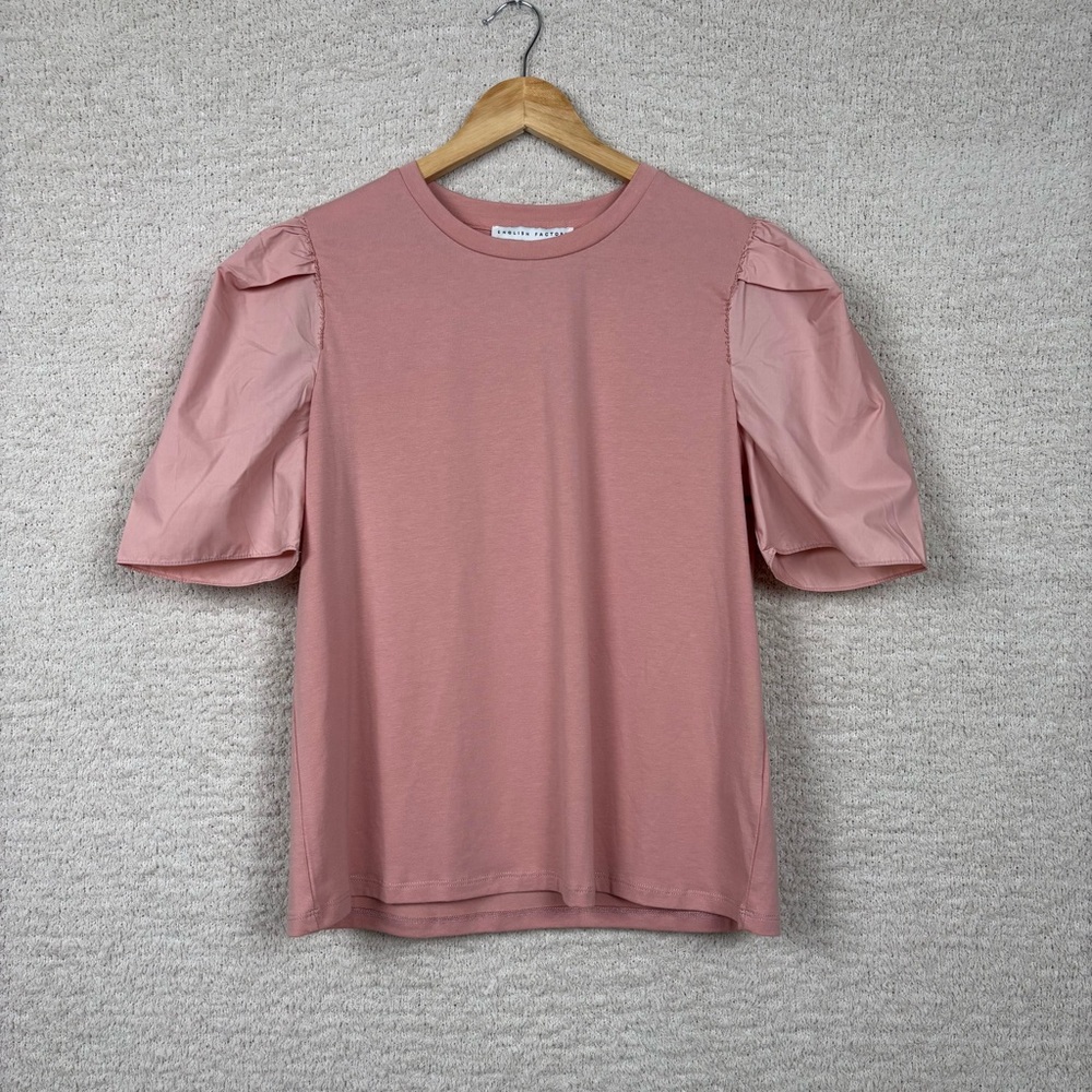English Factory Top Womens M Pink Puff Sleeve Pull Over Cotton Blend T-Shirt